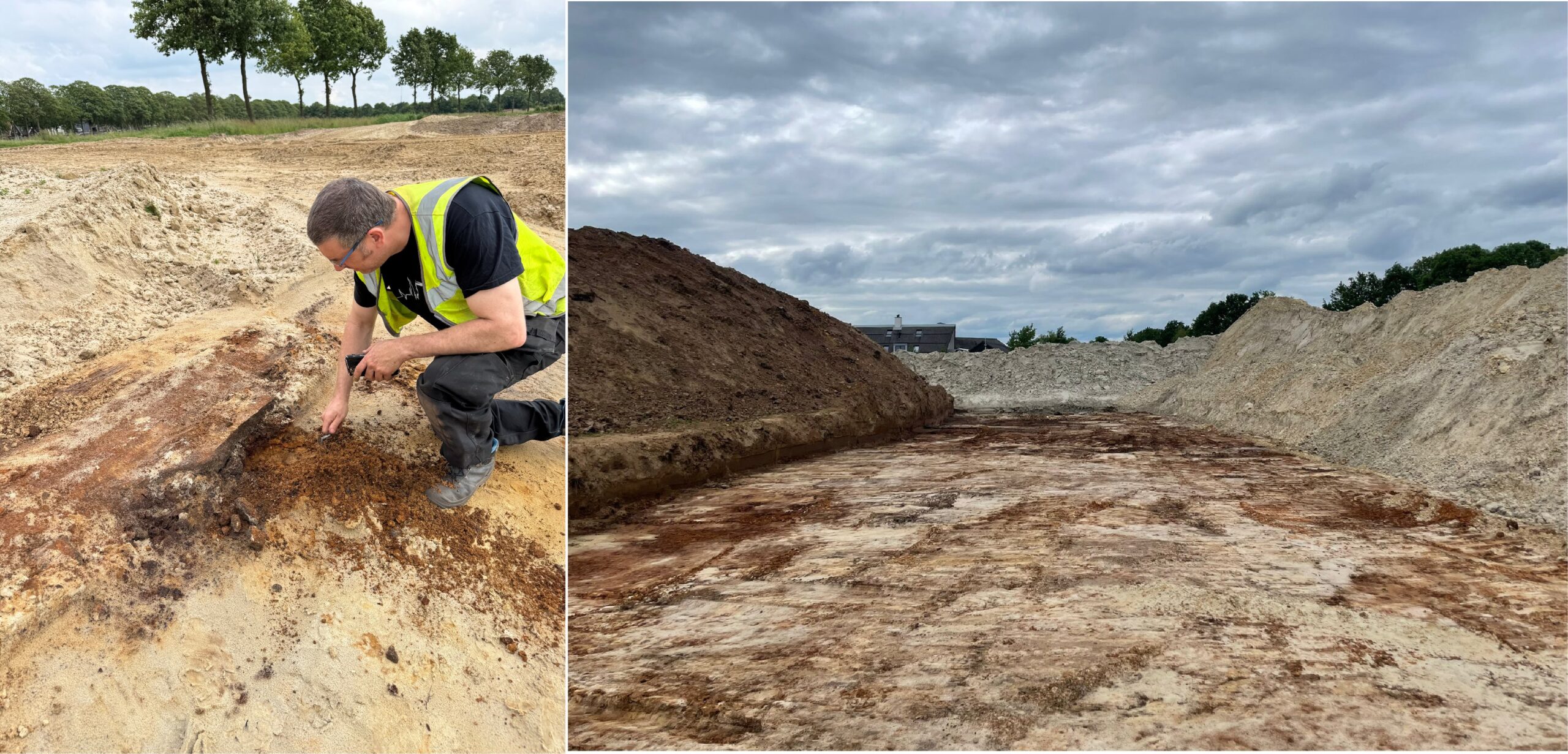 Links: oersaaie onderzoeker bekijkt ijzeroer in De Maten (Ter Apel). Rechts: dagzomen van plaatvormig ijzeroer in De Maten (fotos: R. Wolf)