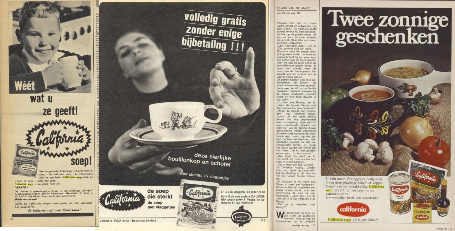 Reclames voor Caifornia-soep uit verschillende jaren (links: 1960, midden 1965, rechts 1971)