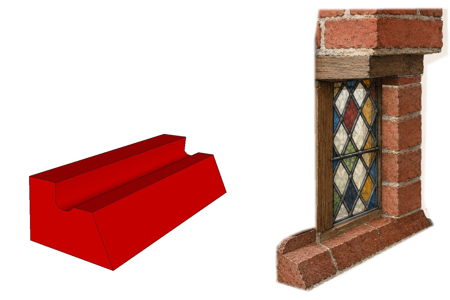 Links: mogelijke reconstructie van de volledige vorm. Rechts: Mogelijke toepassing van de vormsteen als venstersteen