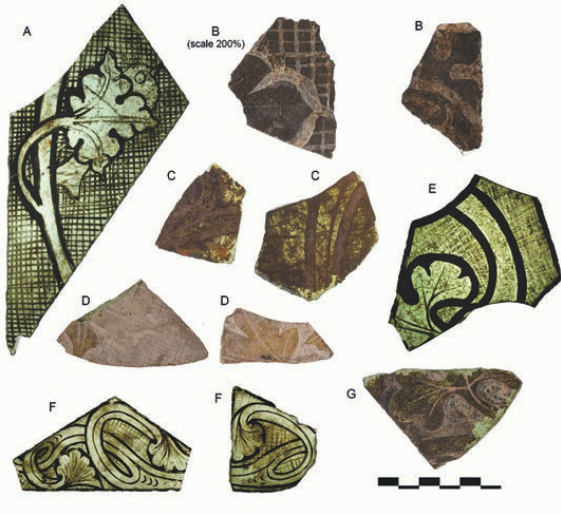 Vensterglas in verre vigneté-stijl uit de Groninger kerken en kloosters. A: Usquert, B: klooster Yesse, C: Midwolda Ol Kerke, D: Martinikerk te Groningen, E: Thesinge, F: Nijenklooster, G: Grijzevrouwenkloosters